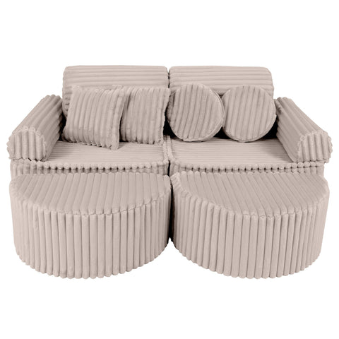 1. Beige modular kids sofa with ribbed corduroy texture, arranged in a compact seating layout with round and square cushions