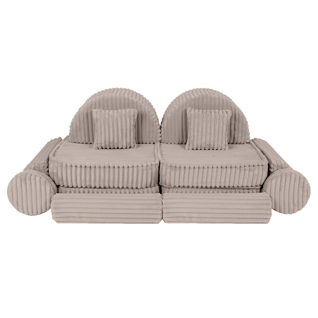 5. Beige modular kids sofa with ribbed corduroy texture, arranged in a symmetrical seating layout with cushions