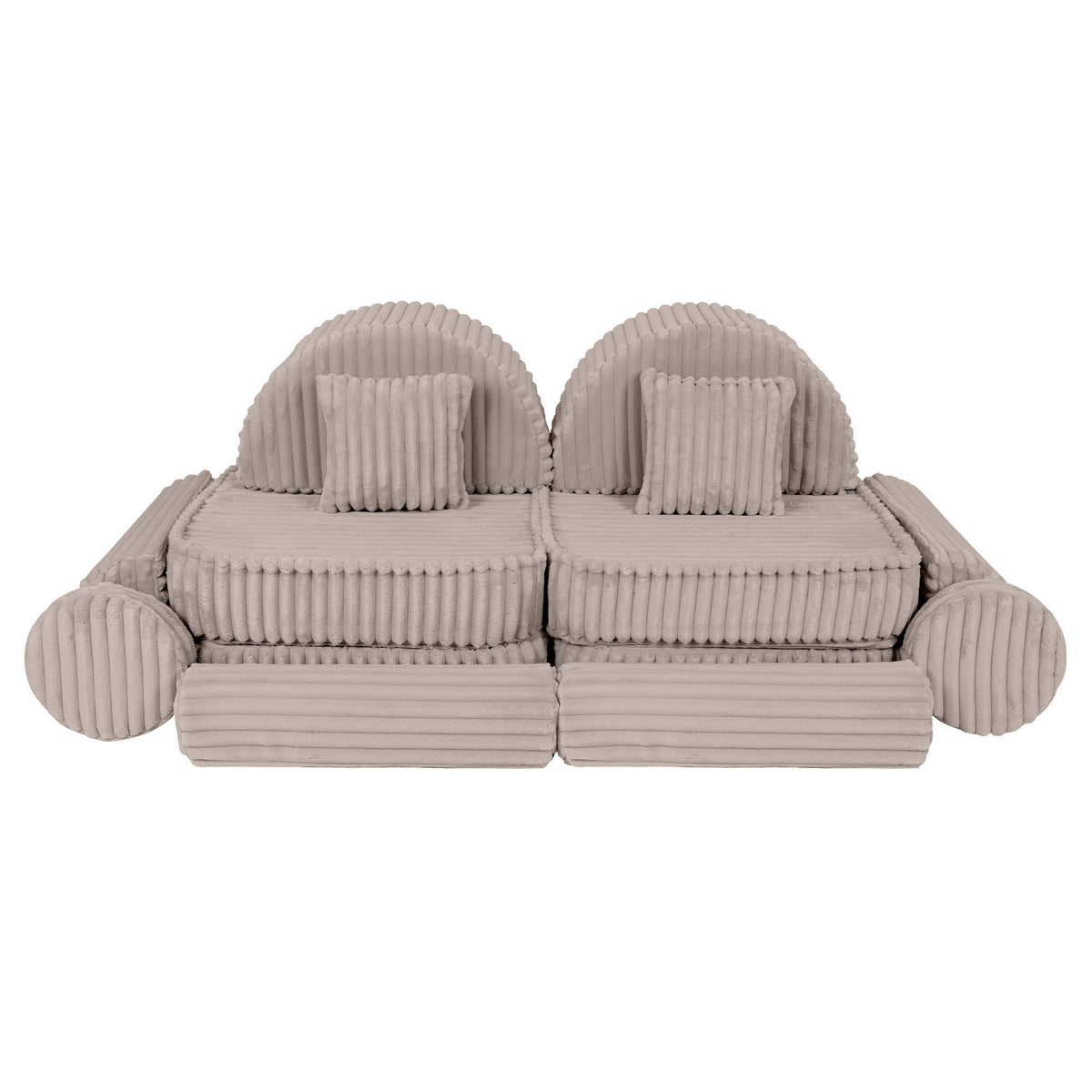 5. Beige modular kids sofa with ribbed corduroy texture, arranged in a symmetrical seating layout with cushions