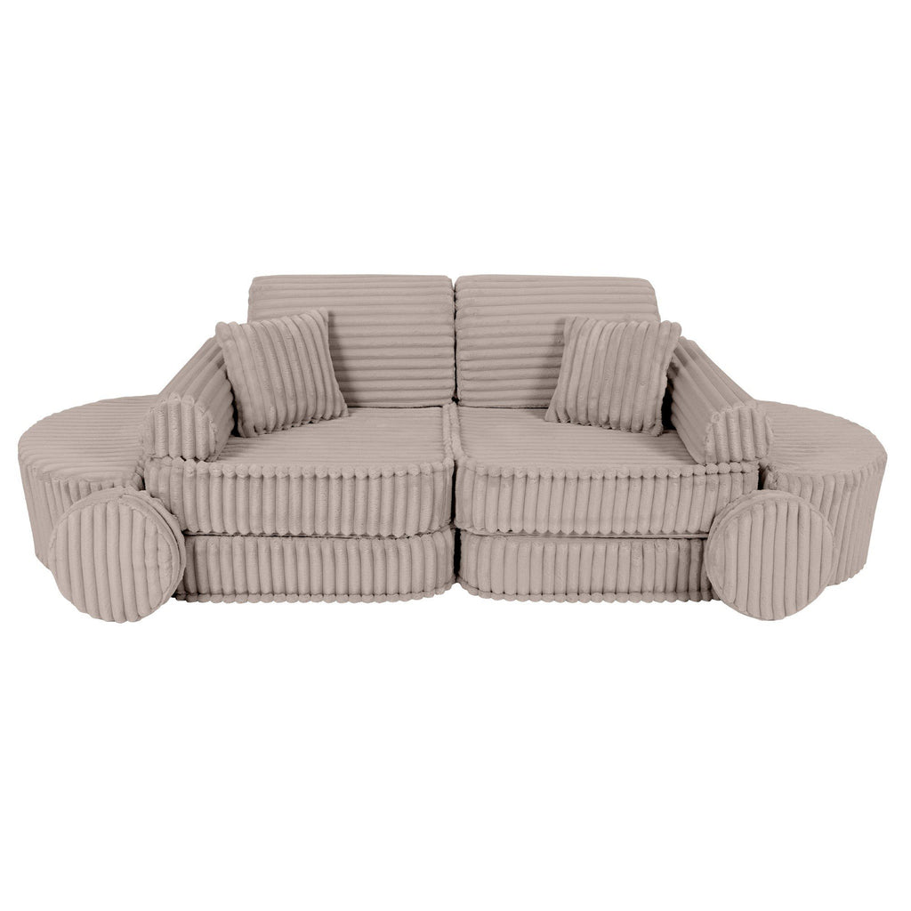 7. Beige modular kids sofa with ribbed corduroy texture, arranged in a semi-circular layout with cushions
