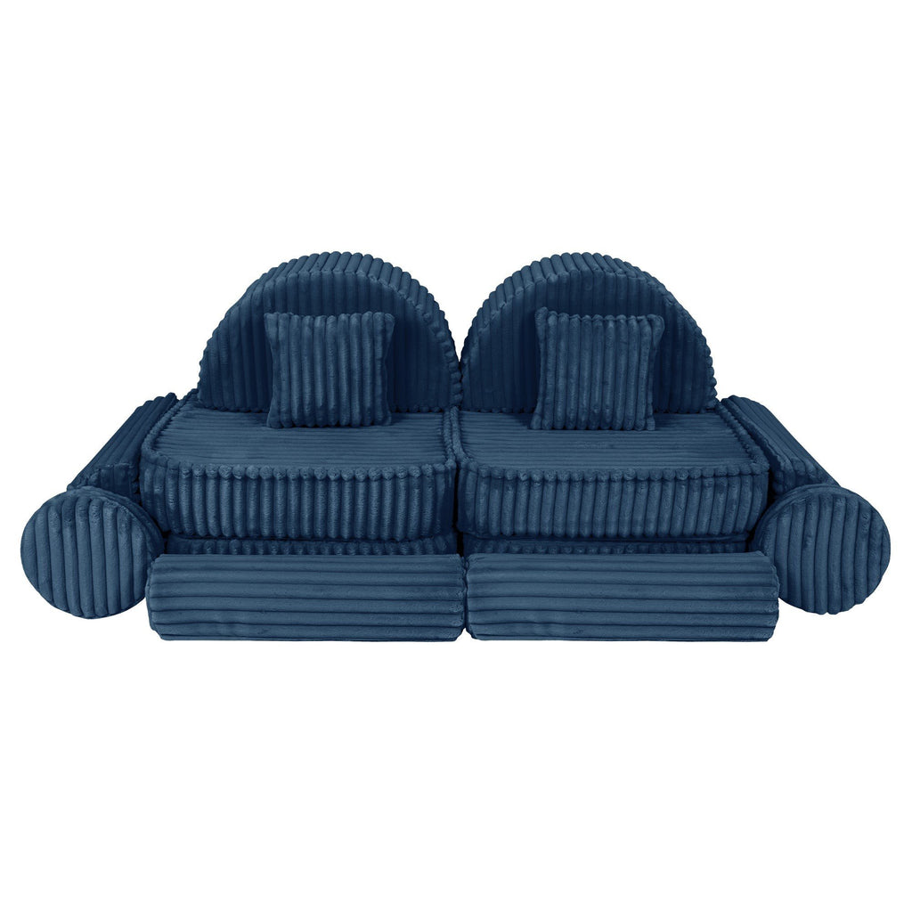 9. Medium modular kids sofa in churros blue with ribbed corduroy fabric, displayed with rounded backrests and cushions.