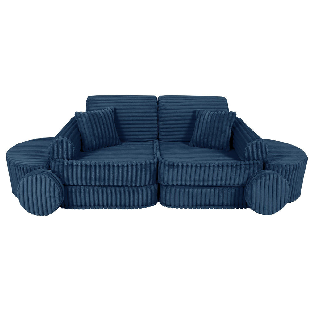 13. Medium modular kids sofa in churros blue with ribbed corduroy fabric, displayed in a symmetrical seating configuration with cushions.
