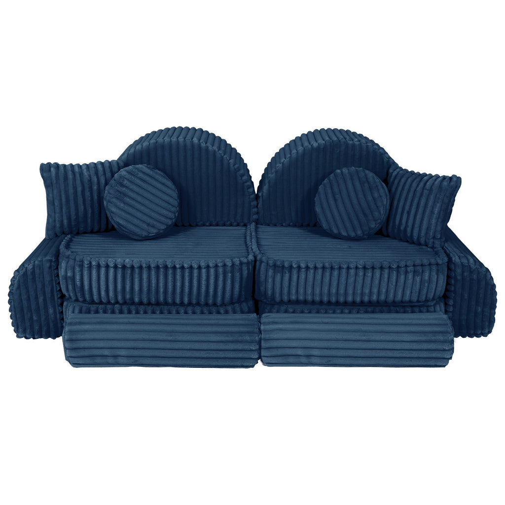 8. Medium modular kids sofa in churros blue with ribbed corduroy fabric, shown in a rounded backrest configuration with cushions.