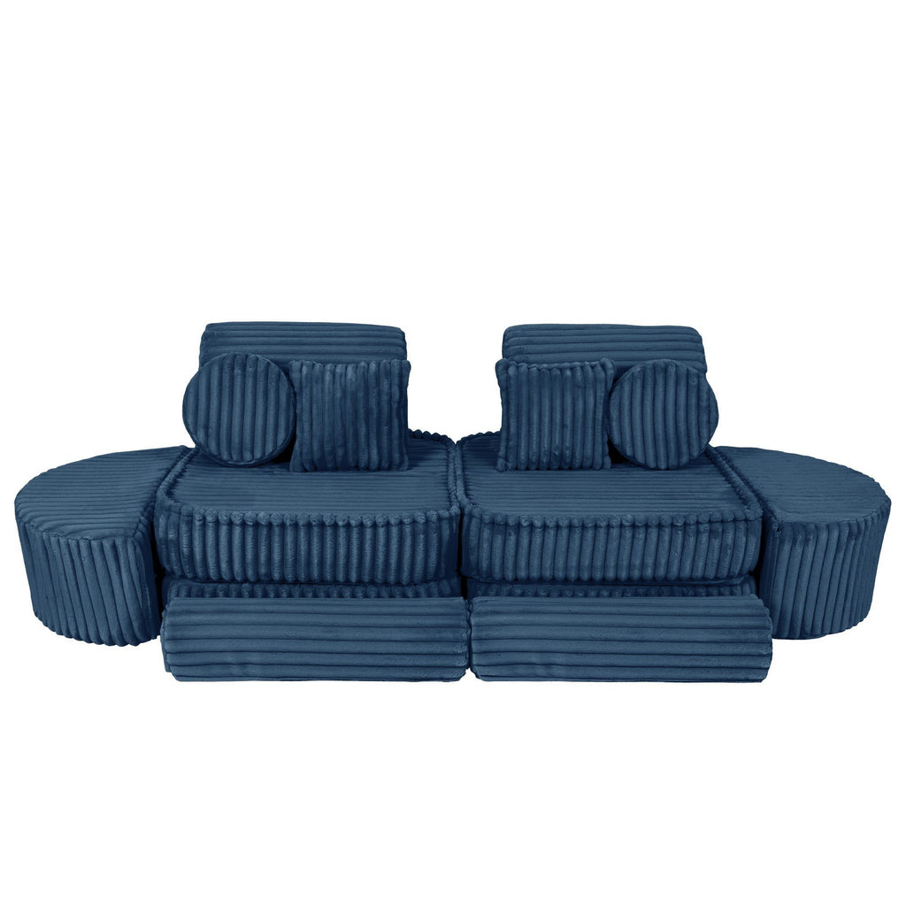 7. Medium modular kids sofa in churros blue with ribbed corduroy fabric, displayed in a symmetrical seating arrangement with cushions.