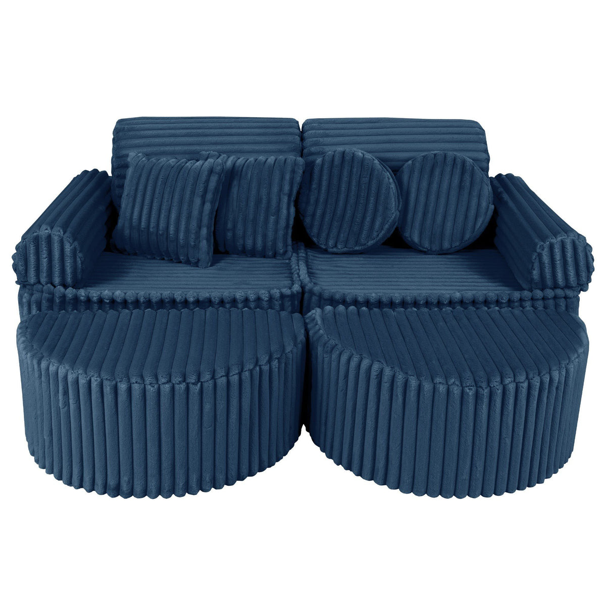 1. Medium modular kids sofa in churros blue with ribbed corduroy fabric, featuring two seats and multiple cushions, shown in a compact configuration.