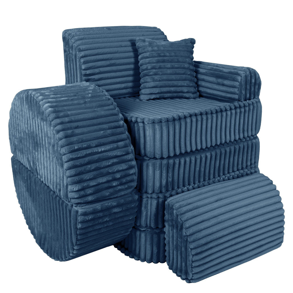 3. Medium modular kids sofa in churros blue with ribbed corduroy fabric, shown in a compact vertical arrangement with cushions.