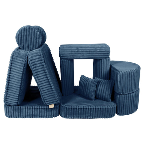 4. Versatile modular kids sofa in churros blue with ribbed corduroy fabric, displayed in a creative play structure with cushions.