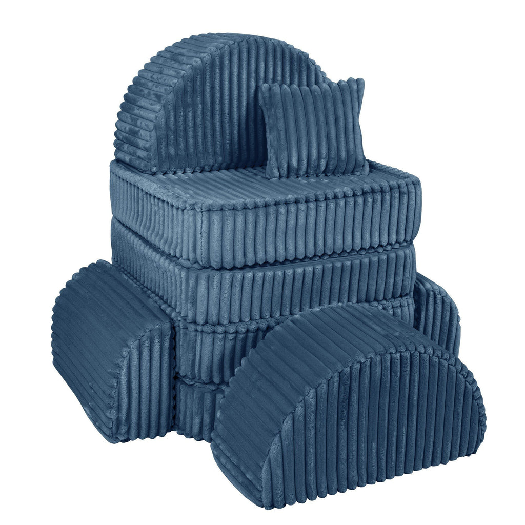 2. Stackable modular kids sofa in churros blue with ribbed corduroy fabric, arranged in a vertical stack with cushions.