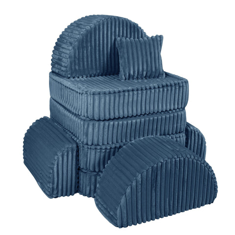 2. Stackable modular kids sofa in churros blue with ribbed corduroy fabric, arranged in a vertical stack with cushions.