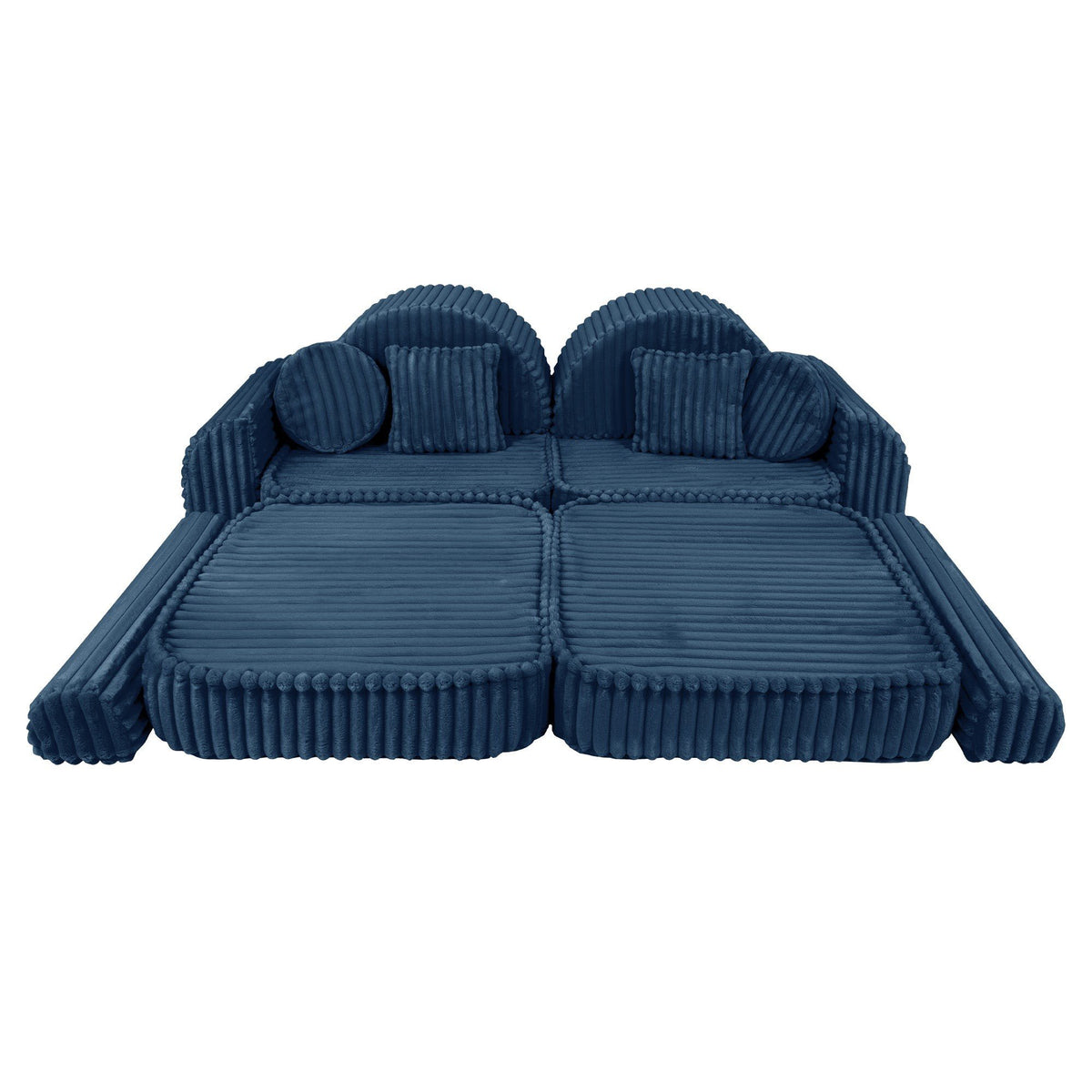 10. Medium modular kids sofa in churros blue with ribbed corduroy fabric, shown in a flat, extended configuration with cushions.