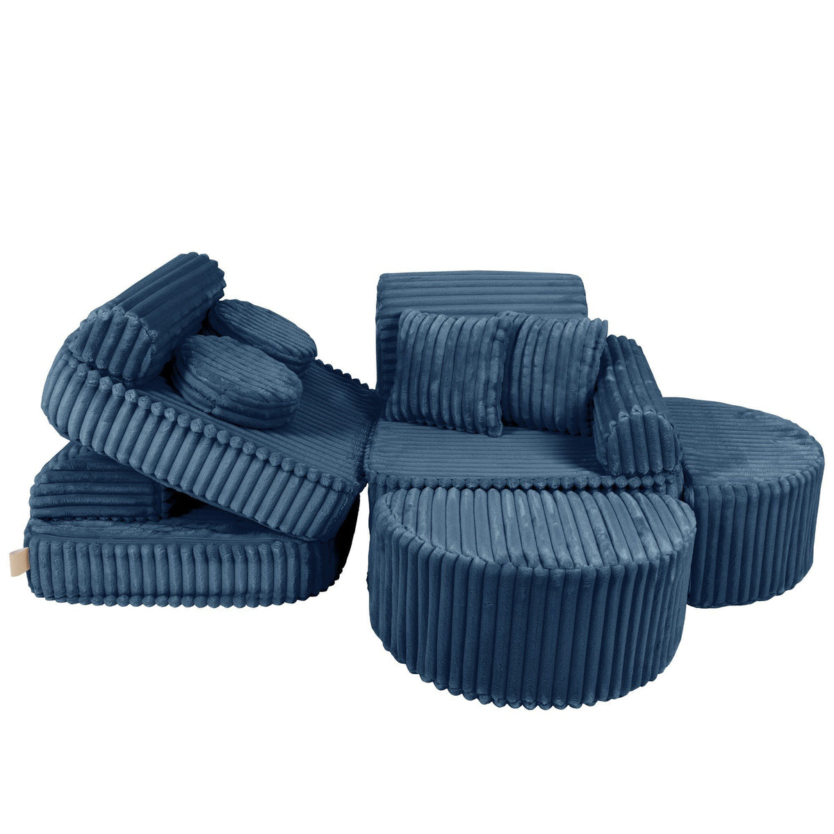 5. Medium modular kids sofa in churros blue with ribbed corduroy fabric, shown in a relaxed, partially unfolded configuration with cushions.