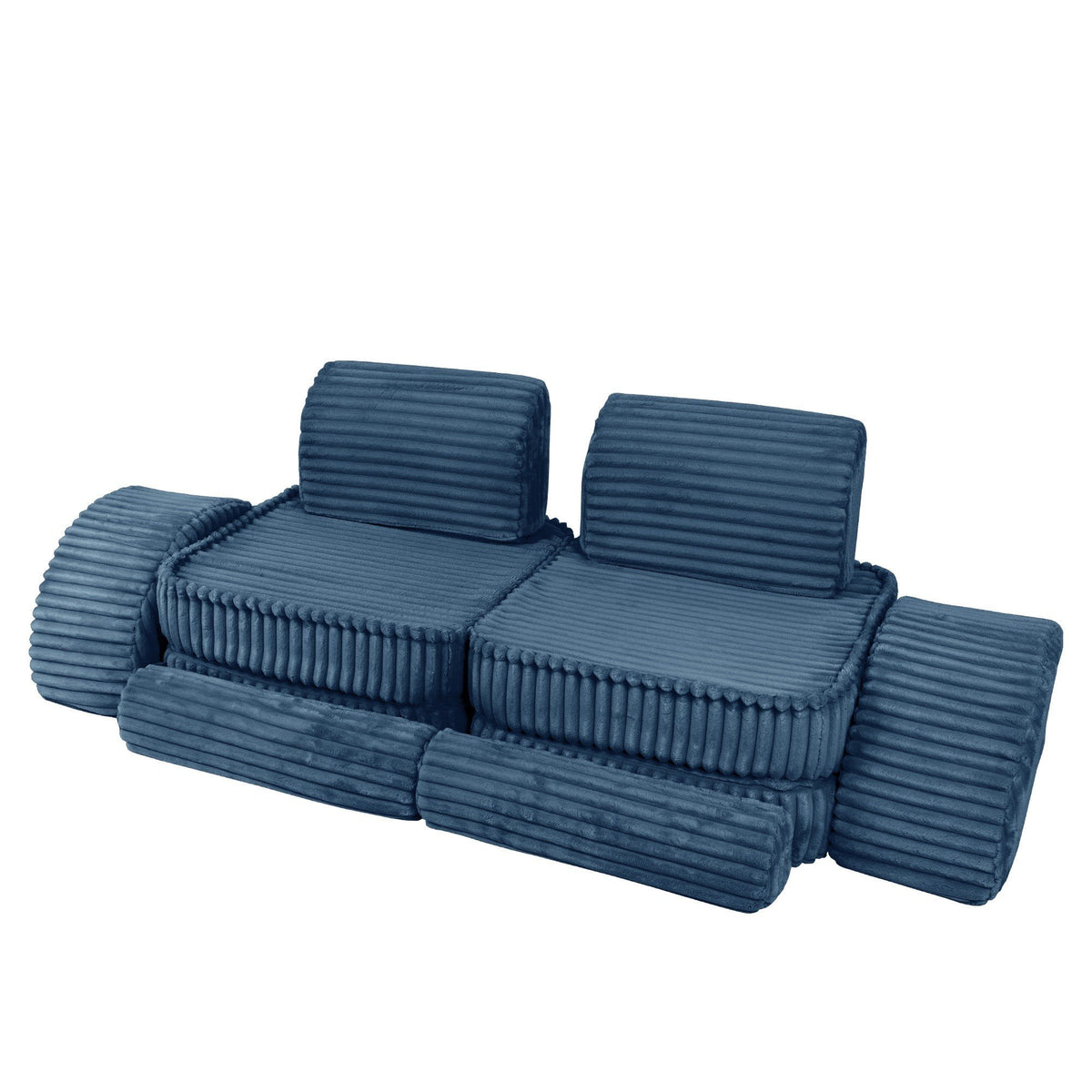 12. Medium modular kids sofa in churros blue with ribbed corduroy fabric, shown in a compact seating arrangement with cushions.