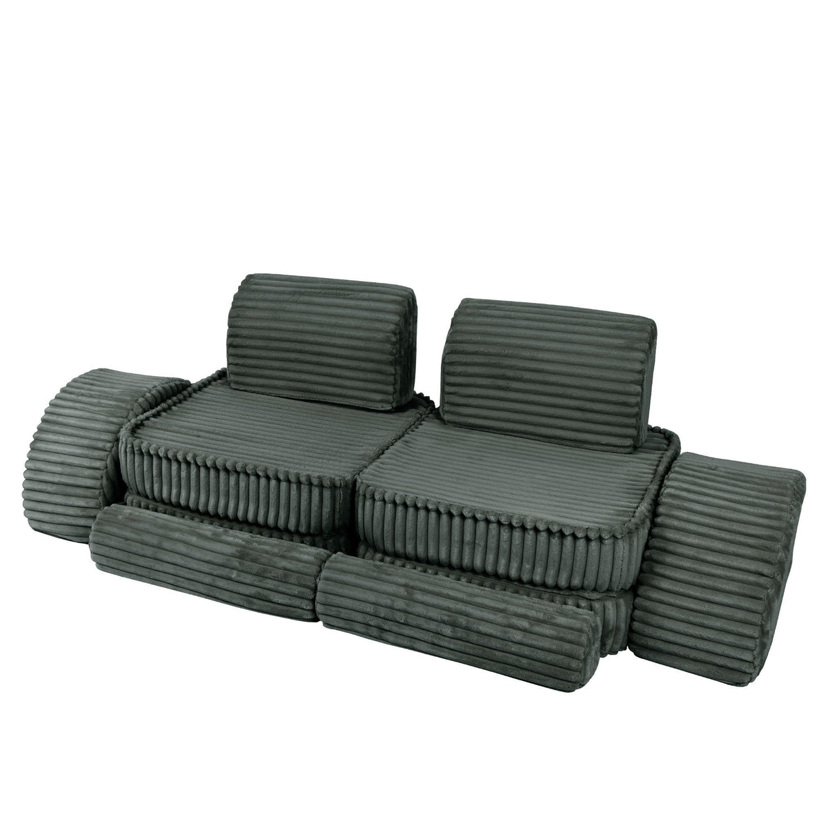9. Medium modular kids sofa in forest green corduroy, arranged in a linear setup with ribbed texture, showcasing seating arrangement.