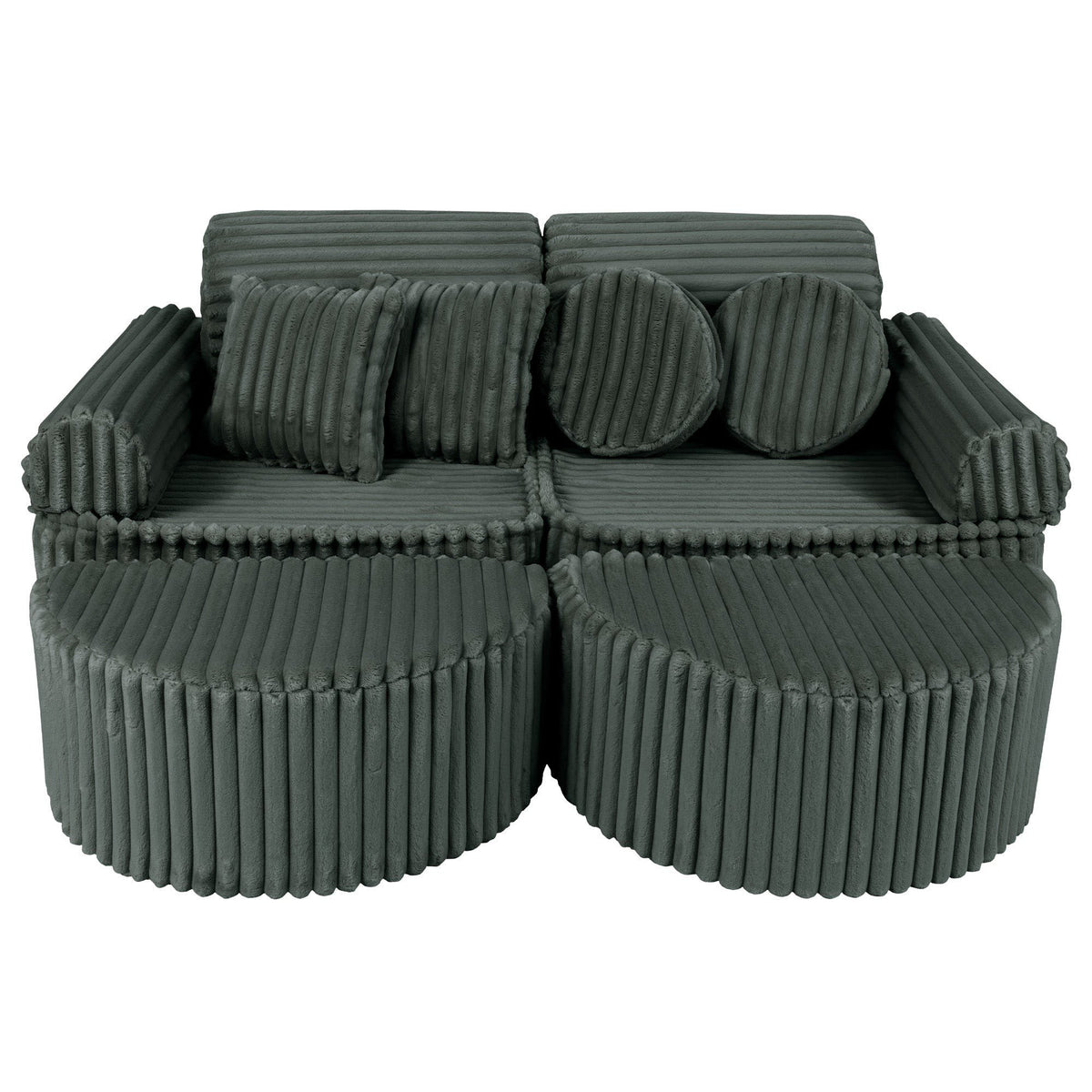 1. Medium modular kids sofa in forest green corduroy with ribbed texture, featuring two back cushions and two round pillows, arranged in a compact setup.