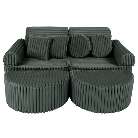 1. Medium modular kids sofa in forest green corduroy with ribbed texture, featuring two back cushions and two round pillows, arranged in a compact setup.