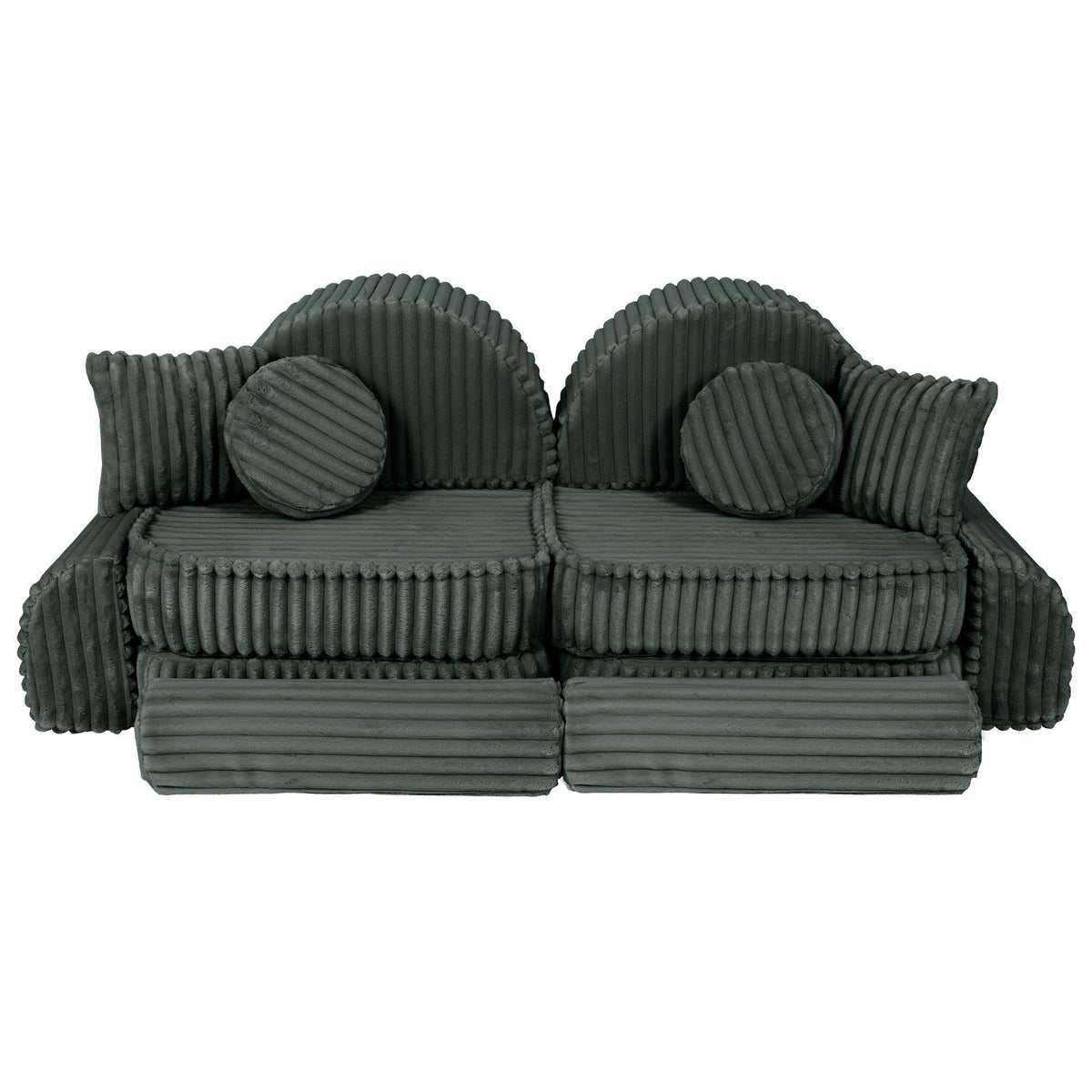 4. Medium modular kids sofa in forest green corduroy with ribbed texture, featuring two round back cushions and two square pillows.