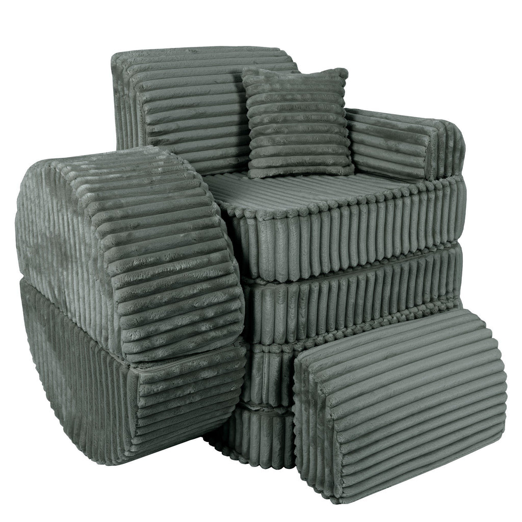 7. Medium modular kids sofa in forest green corduroy, stacked vertically with ribbed texture, highlighting compact storage.