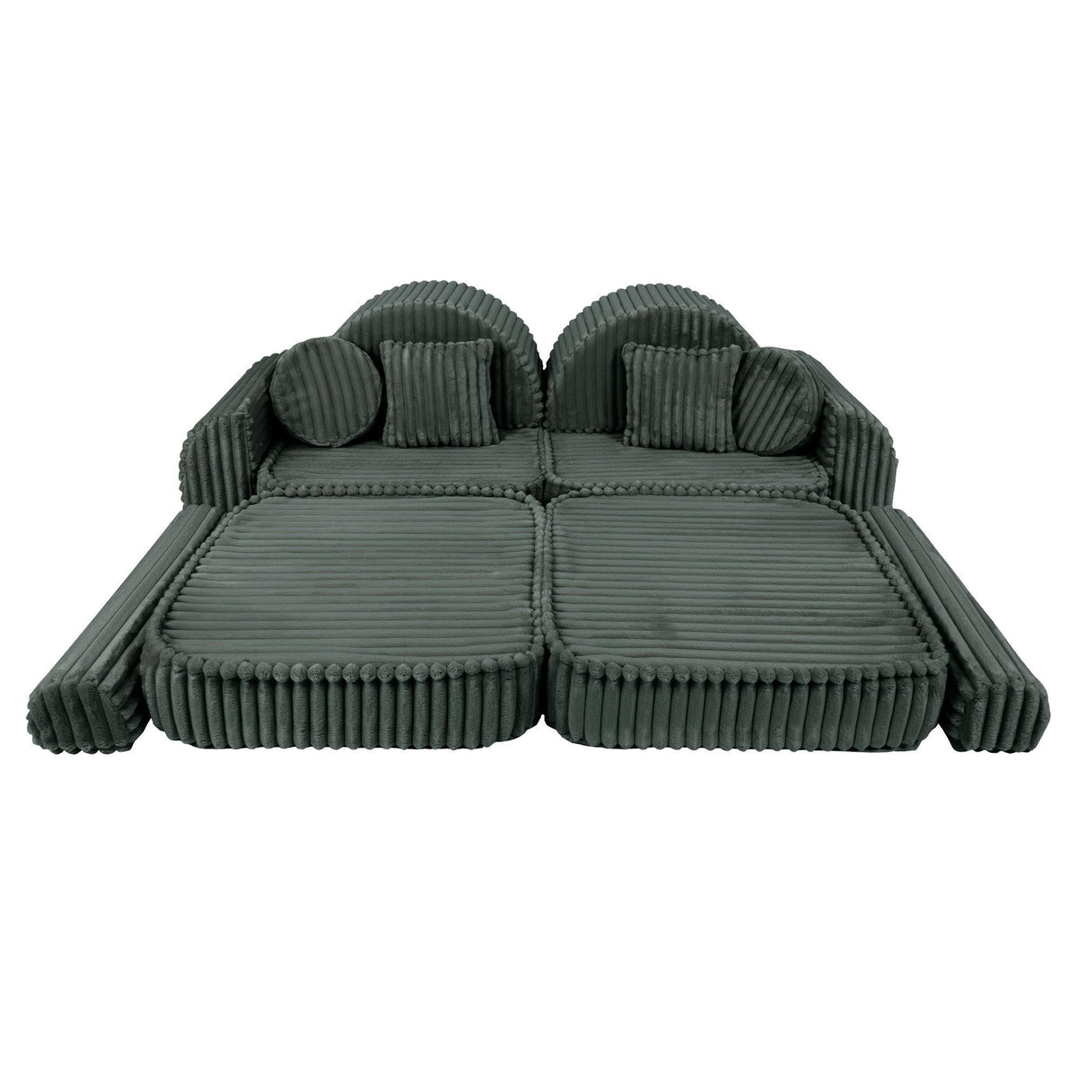 2. Medium modular kids sofa in forest green corduroy, laid flat with ribbed texture, showcasing versatility and comfort.