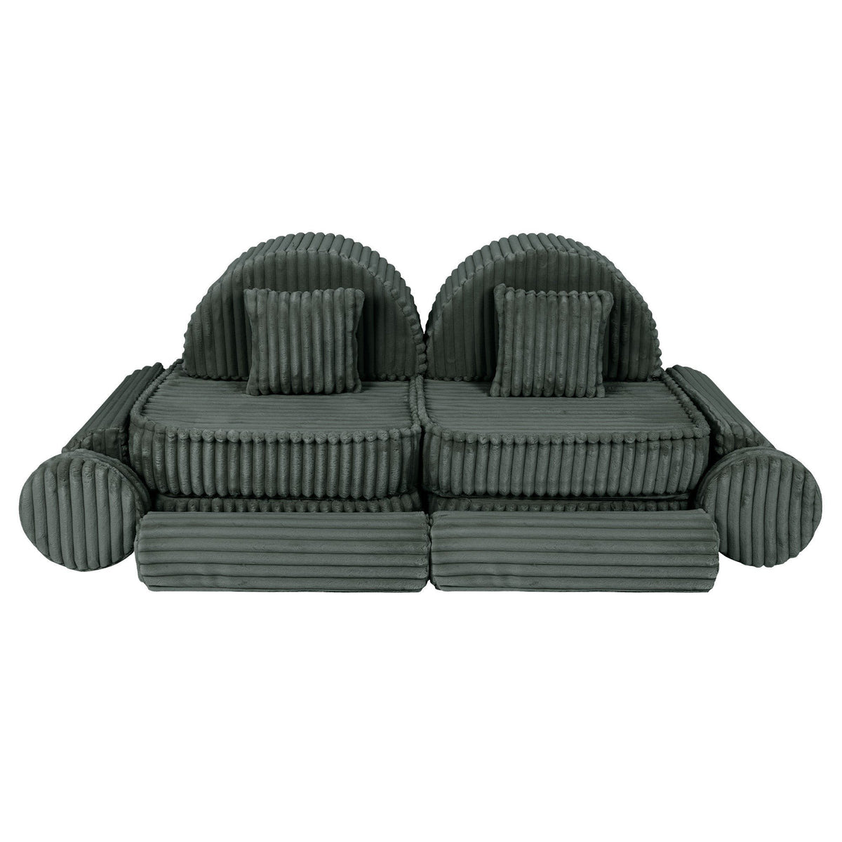 13. Medium modular kids sofa in forest green corduroy with ribbed texture, featuring two round back cushions and two square pillows, arranged symmetrically.