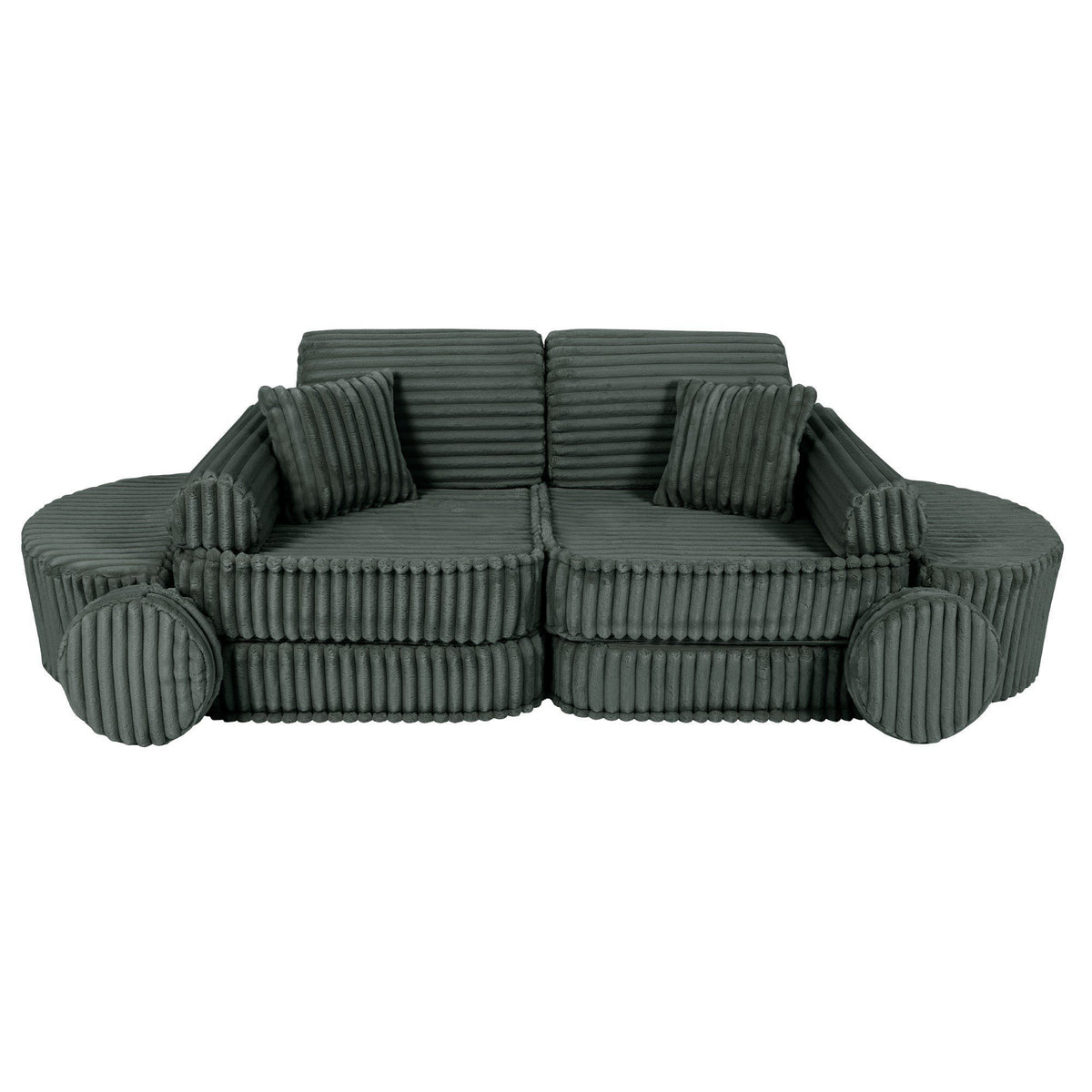11. Medium modular kids sofa in forest green corduroy with ribbed texture, featuring two back cushions and two round pillows, arranged for comfort.