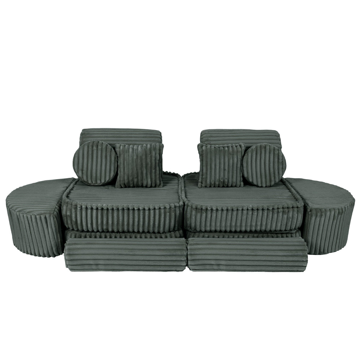 12. Medium modular kids sofa in forest green corduroy, featuring ribbed texture and multiple cushions, arranged for seating.