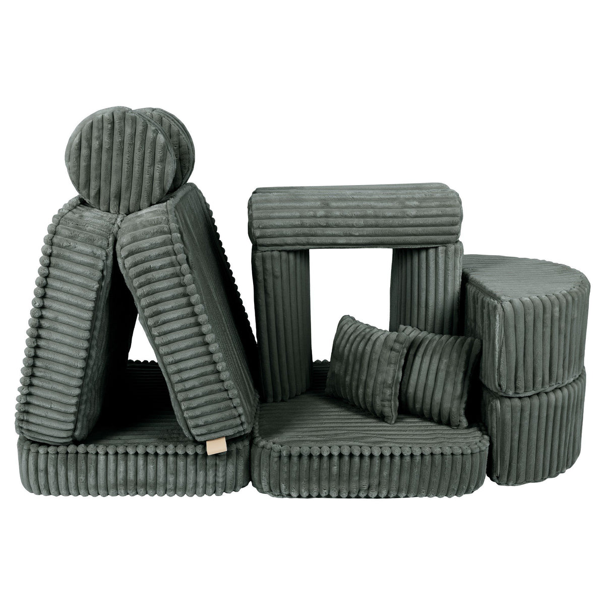 6. Medium modular kids sofa in forest green corduroy, stacked in a creative configuration with ribbed texture, showcasing playfulness.