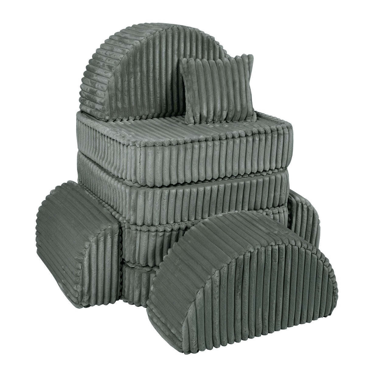 8. Medium modular kids sofa in forest green corduroy, arranged in a unique stacked formation with ribbed texture, emphasizing modularity.