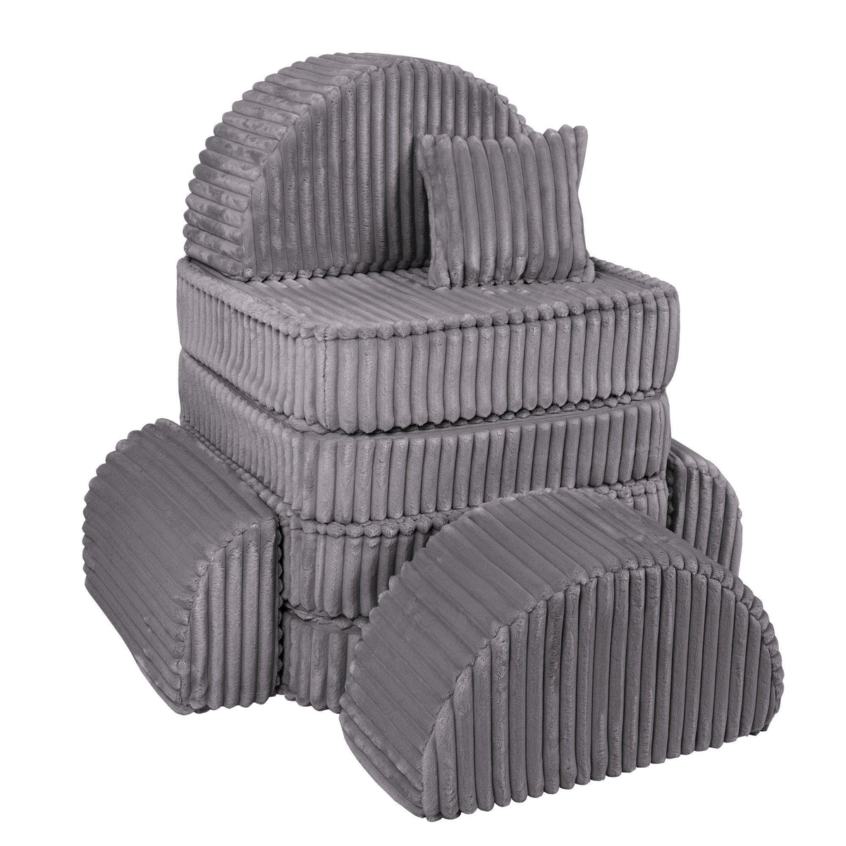 11. Grey ribbed corduroy kids sofa with modular design, shown in a vertical stacked configuration