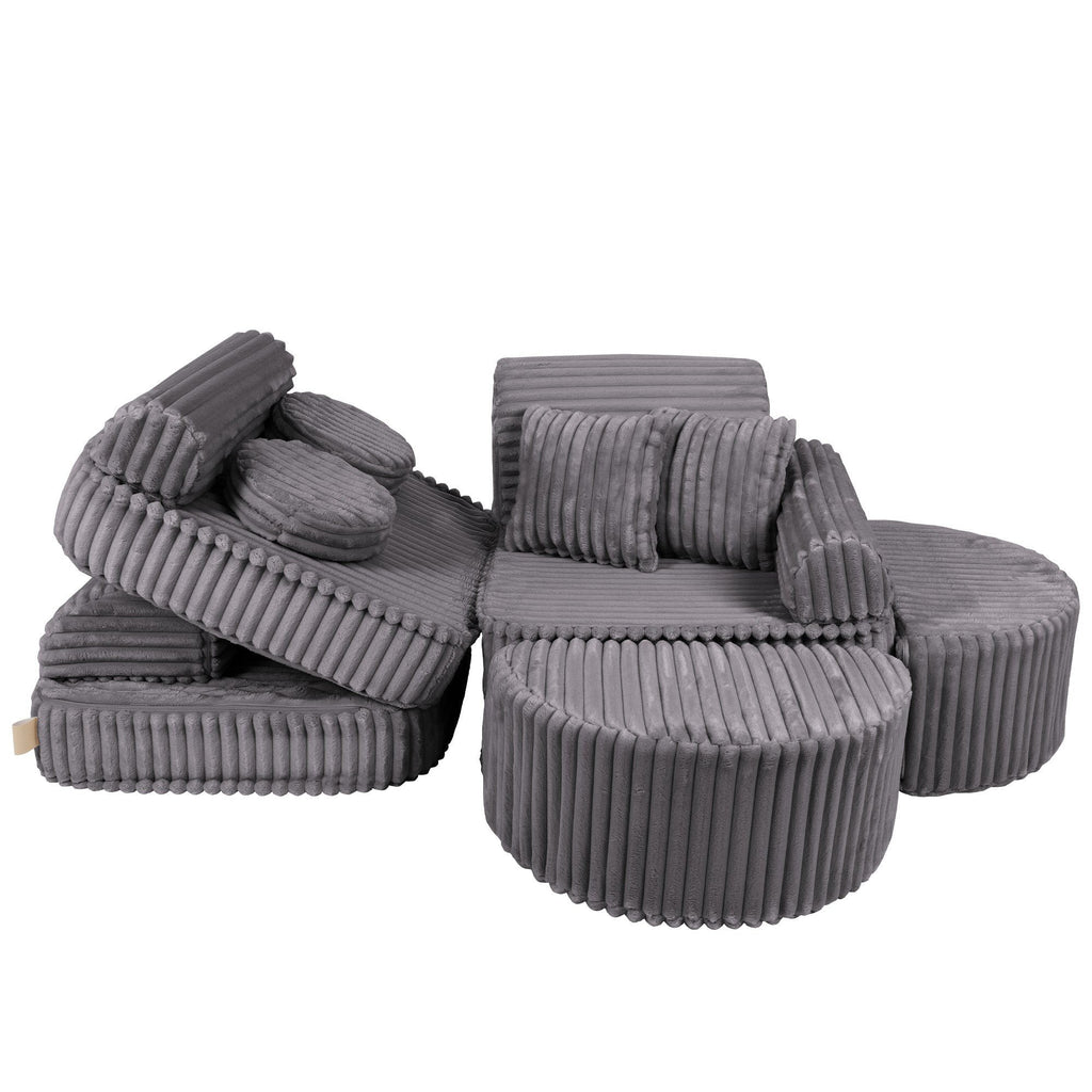 9. Grey ribbed corduroy kids sofa with modular design, shown in a stacked configuration