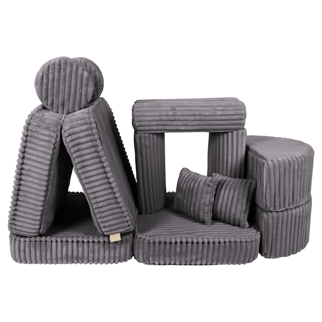 12. Grey ribbed modular kids sofa with creative stacked design, featuring round and rectangular cushions