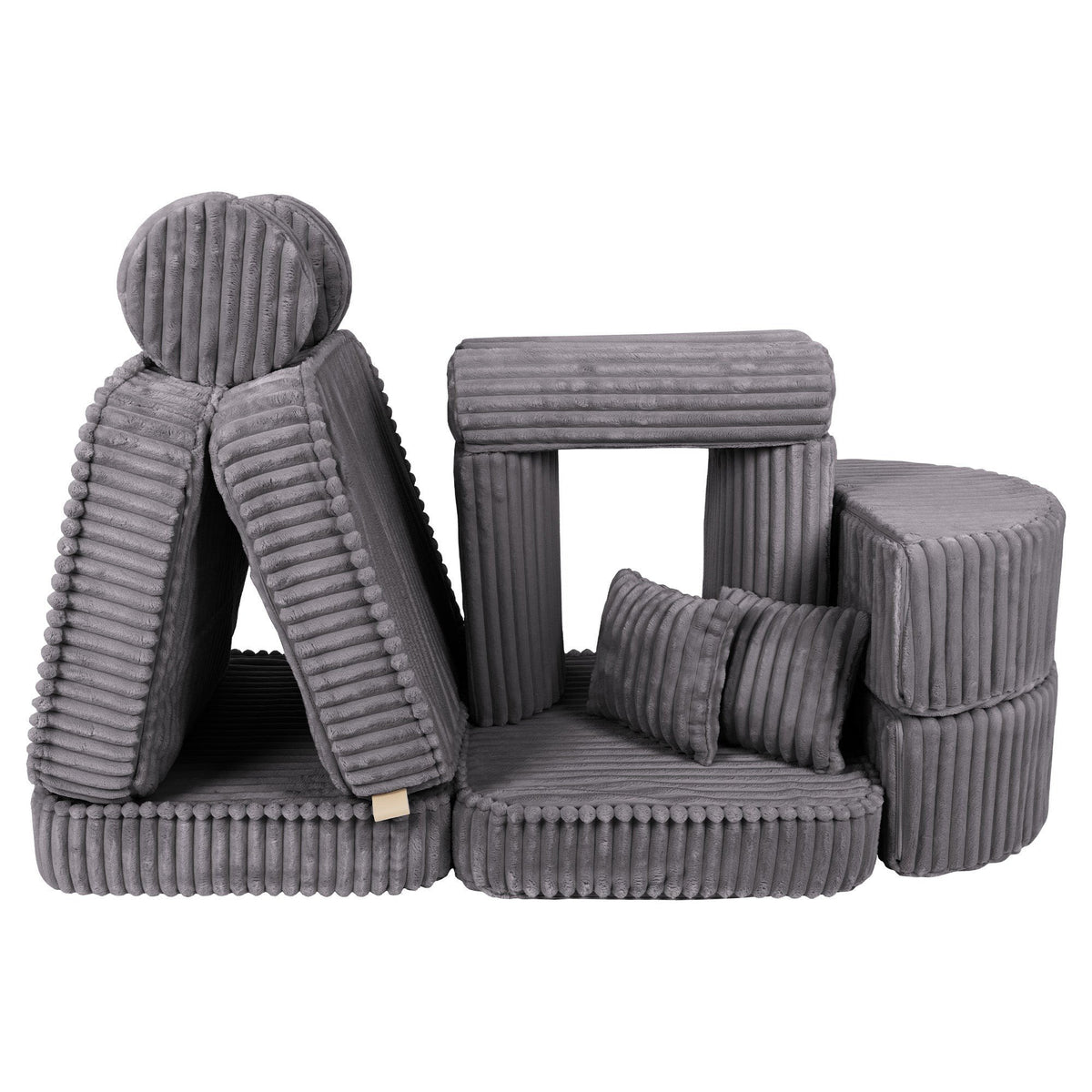 12. Grey ribbed modular kids sofa with creative stacked design, featuring round and rectangular cushions