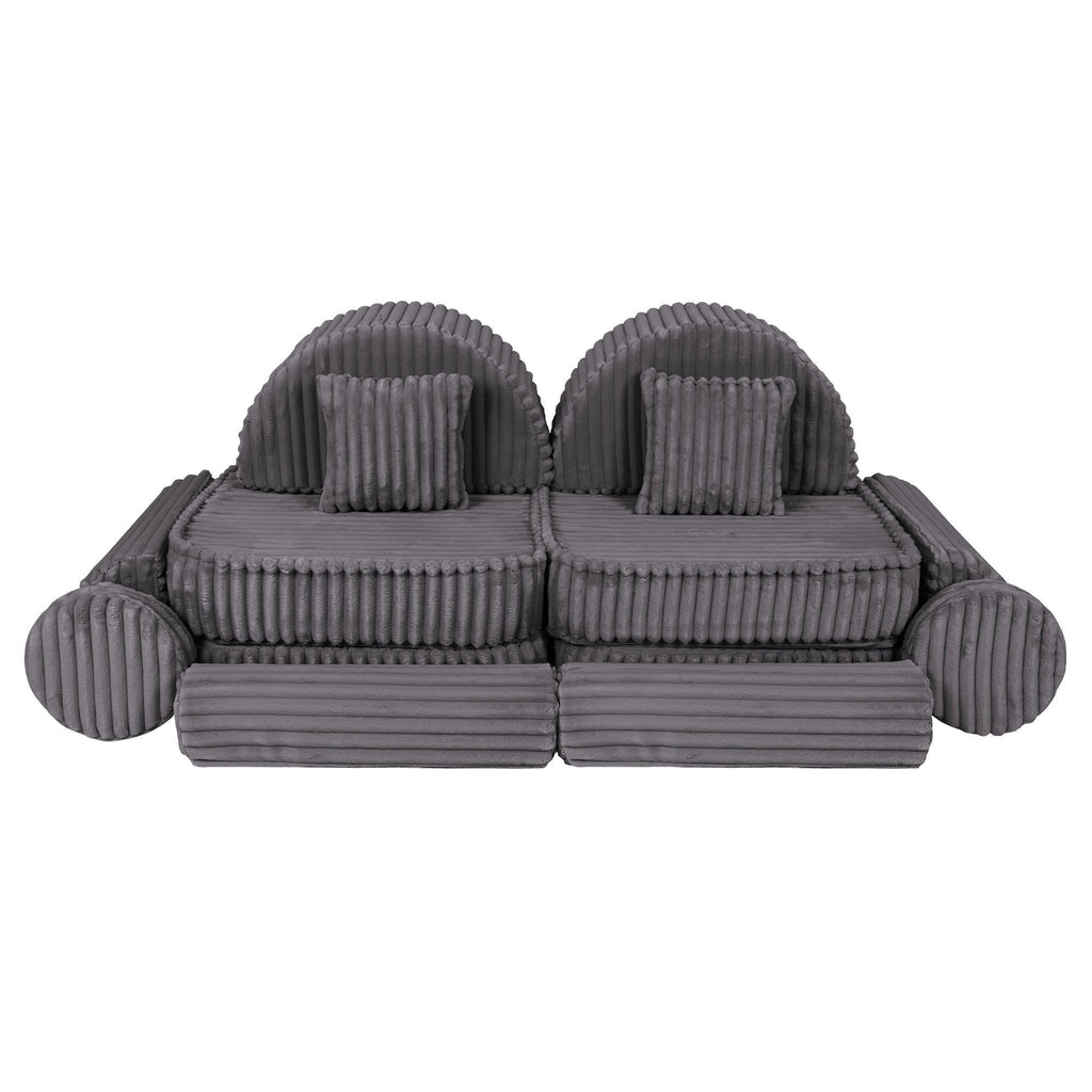 8. Grey ribbed modular kids sofa with round back cushions, shown in a compact layout