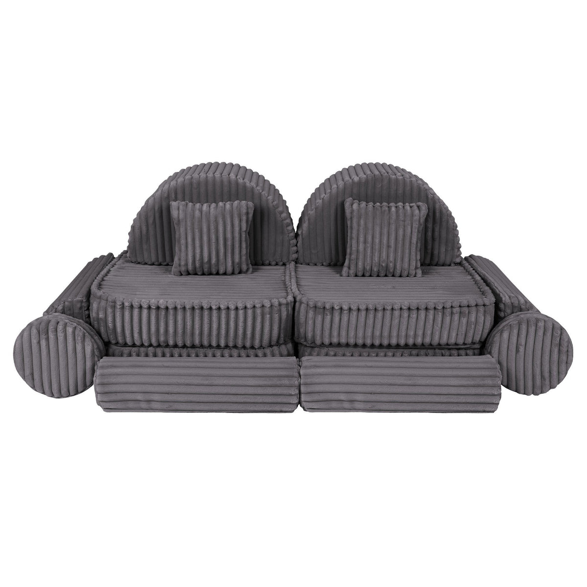 8. Grey ribbed modular kids sofa with round back cushions, shown in a compact layout