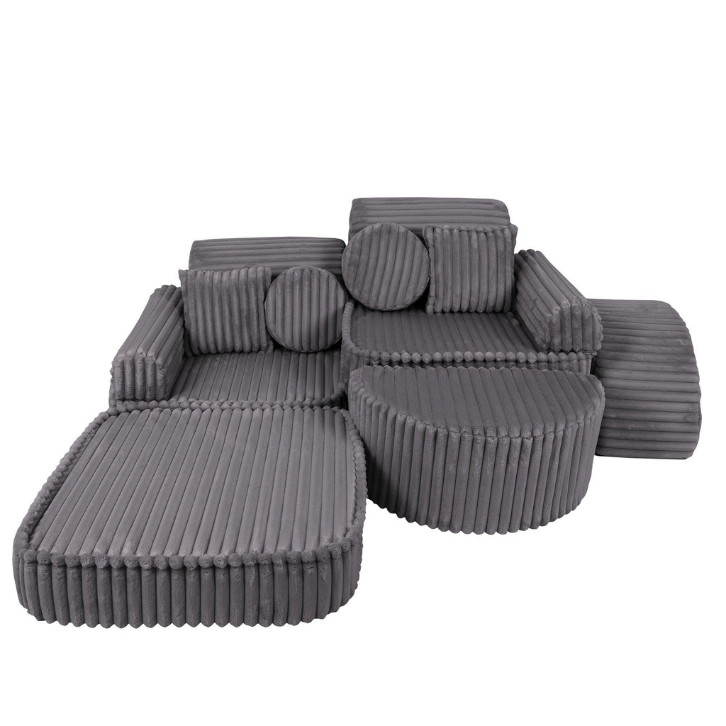 6. Grey ribbed corduroy kids sofa with modular design, featuring round pillows and extended seating