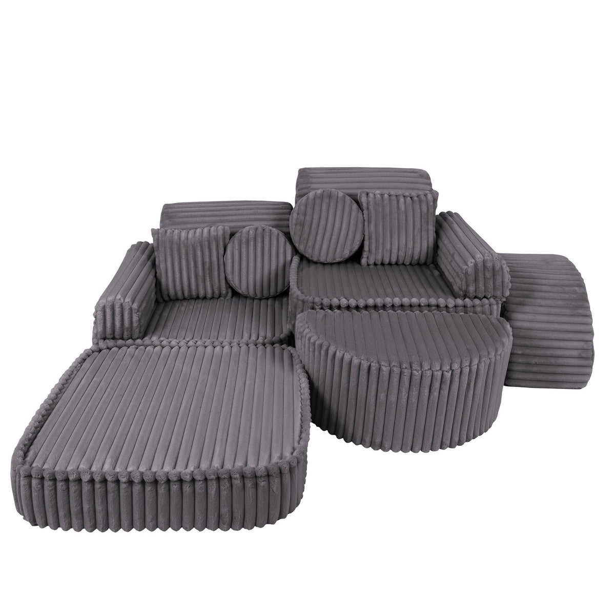 6. Grey ribbed corduroy kids sofa with modular design, featuring round pillows and extended seating