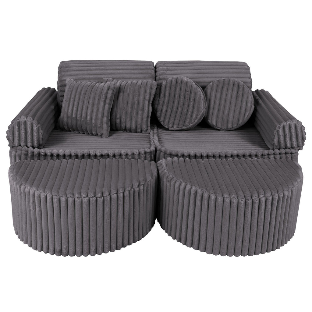1. Modular kids sofa in grey ribbed corduroy with two back cushions and round pillows, shown in a compact configuration