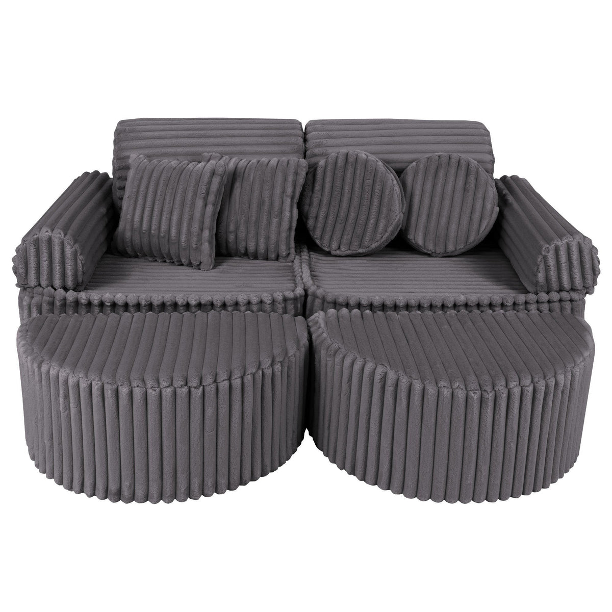 1. Modular kids sofa in grey ribbed corduroy with two back cushions and round pillows, shown in a compact configuration