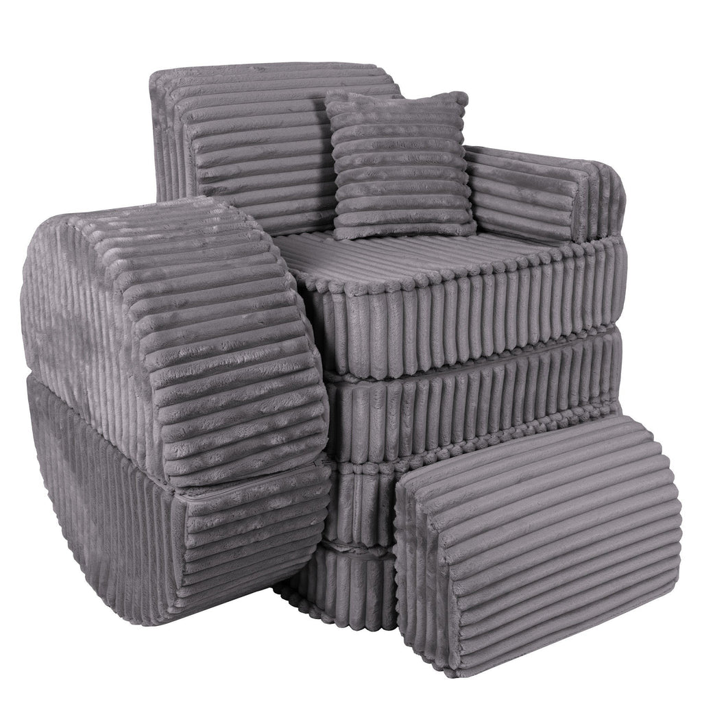 10. Grey ribbed kids sofa with modular design, shown in a creative stacked arrangement