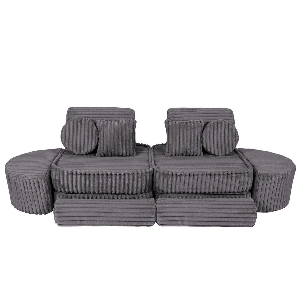 2. Grey modular kids sofa with ribbed texture, featuring two back cushions and round pillows, arranged in a linear layout