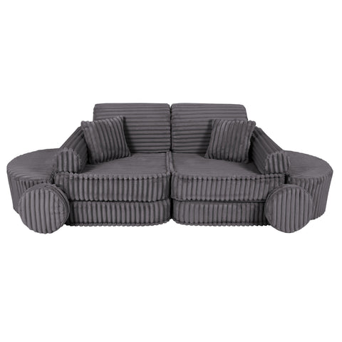 5. Grey ribbed kids sofa with two back cushions and round pillows, shown in a circular configuration
