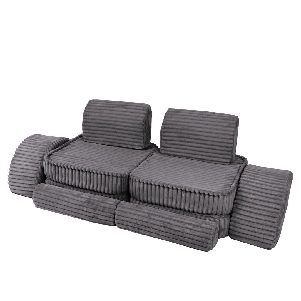 3. Grey ribbed corduroy kids sofa with two back cushions, shown in a compact, stacked configuration