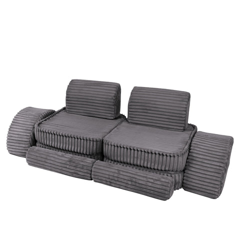 3. Grey ribbed corduroy kids sofa with two back cushions, shown in a compact, stacked configuration