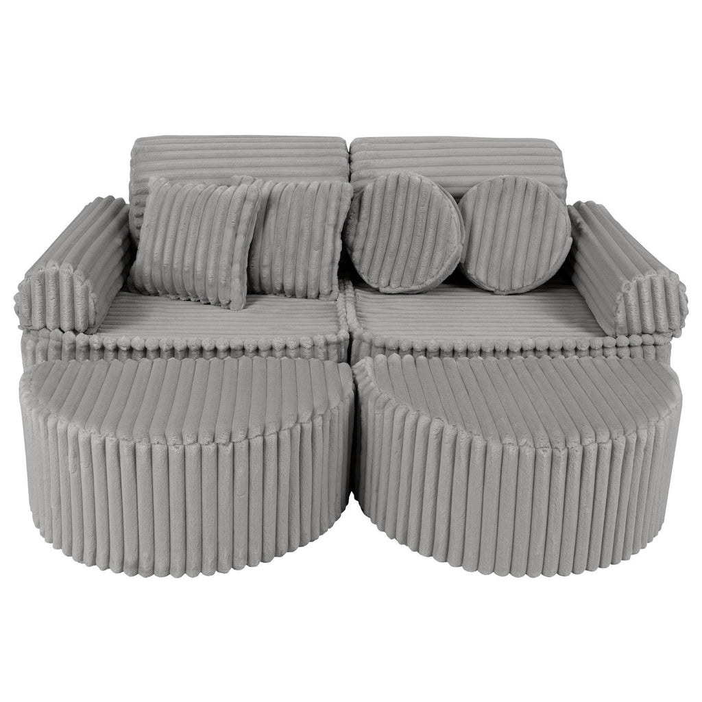 1. Modular kids sofa in moon grey corduroy with ribbed texture, featuring two seats and multiple cushions, shown in a compact configuration