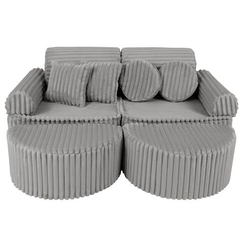 1. Modular kids sofa in moon grey corduroy with ribbed texture, featuring two seats and multiple cushions, shown in a compact configuration