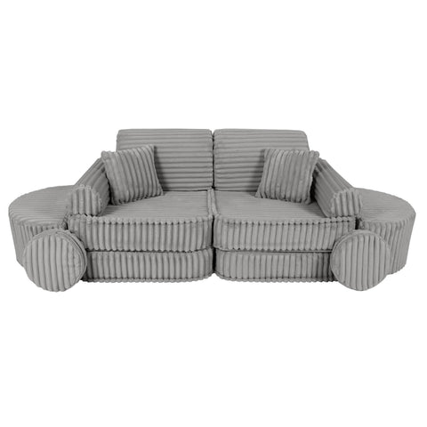 3. Moon grey kids sofa with ribbed corduroy texture, arranged in a symmetrical layout with cushions and rounded armrests