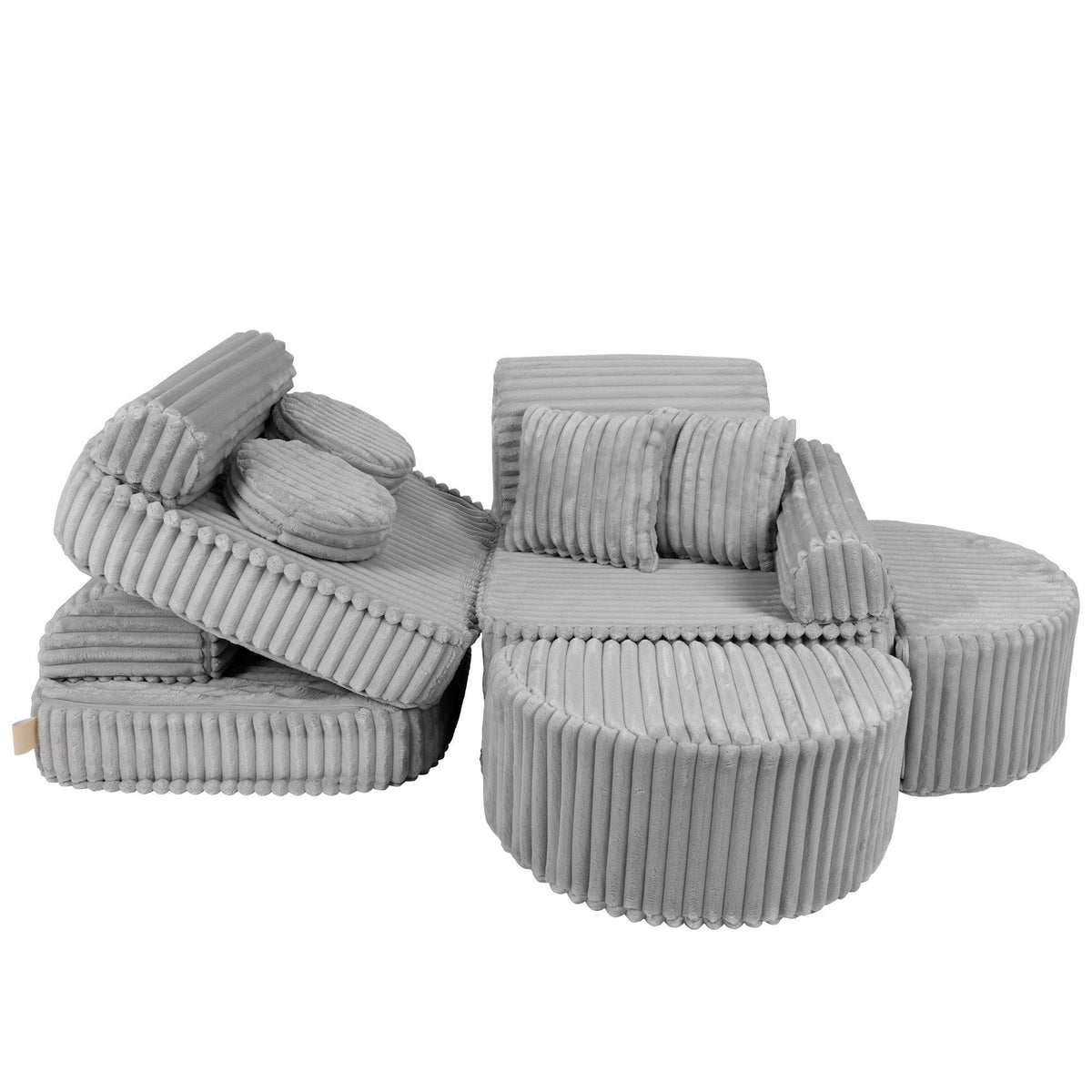 10. Adjustable kids sofa in moon grey corduroy, shown in a playful, open configuration with cushions and rounded sections