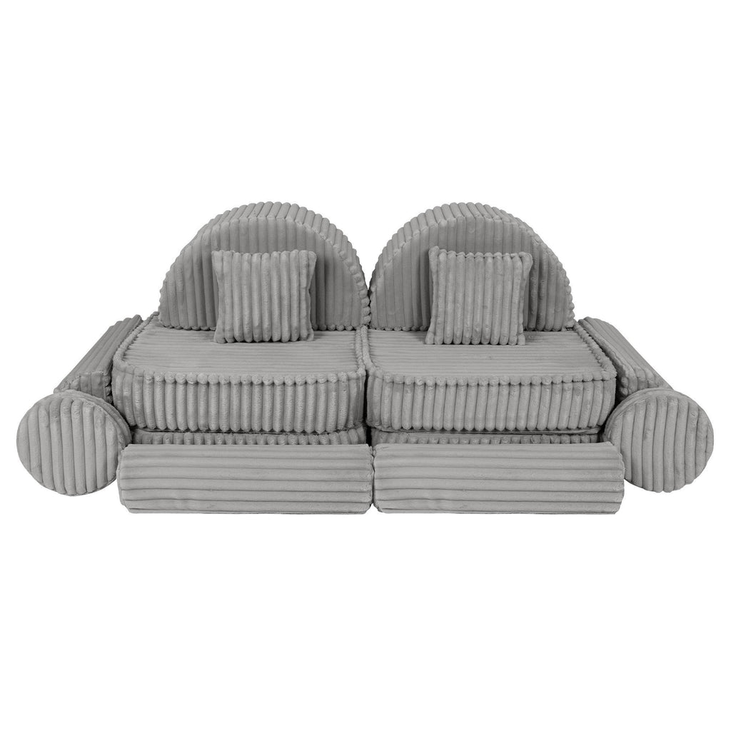 8. Modular kids sofa in moon grey corduroy, displayed in a symmetrical arrangement with ribbed texture and cushions