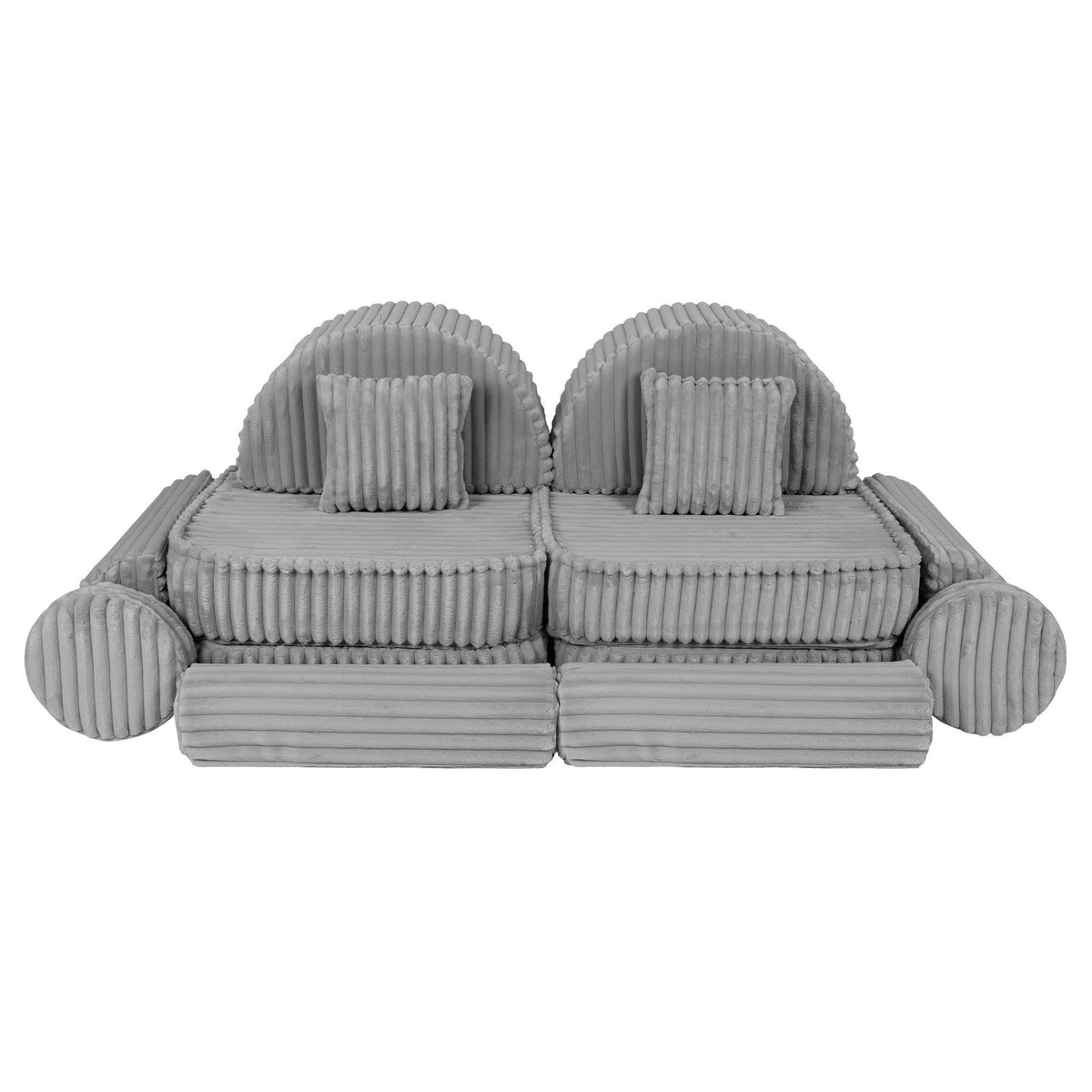 8. Modular kids sofa in moon grey corduroy, displayed in a symmetrical arrangement with ribbed texture and cushions