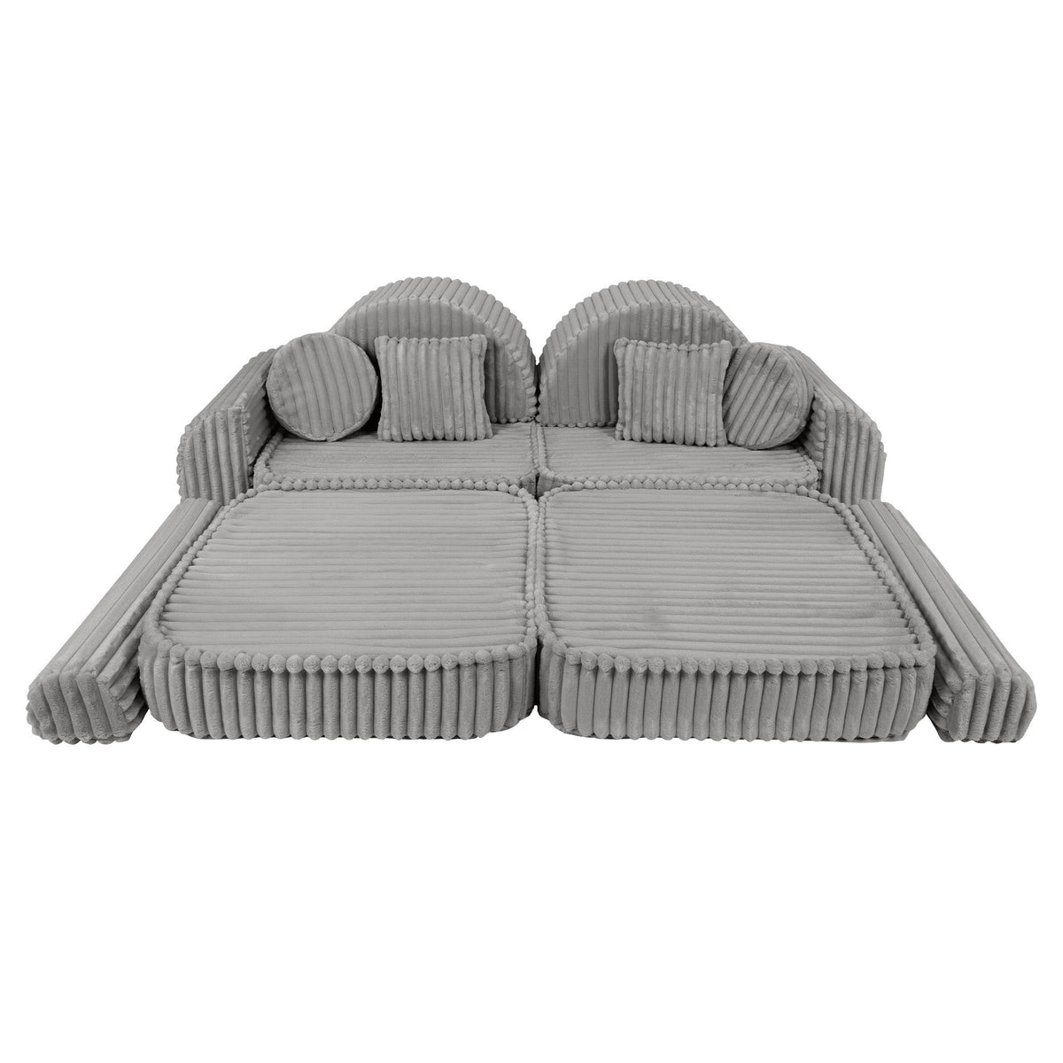5. Moon grey modular kids sofa with ribbed texture, laid flat with cushions for a spacious seating area