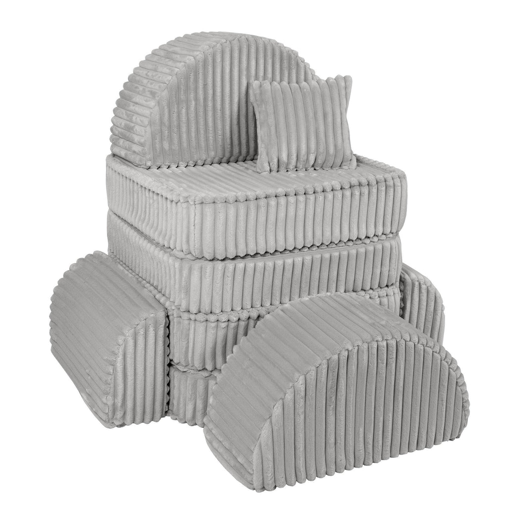 11. Moon grey modular kids sofa with ribbed texture, stacked in a compact arrangement with cushions